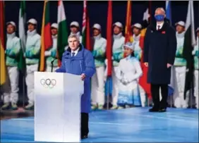  ?? XUE XUGE / XINHUA ?? President of the Internatio­nal Olympic Committee Thomas Bach addresses the opening ceremony of the Beijing 2022 Winter Games.