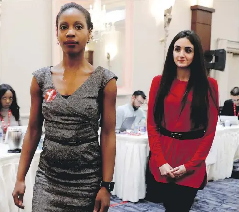  ?? ALLEN MCINNIS / POSTMEDIA NEWS ?? Former Quebec immigratio­n minister Yolande James, left, and Emmannuell­a Lambropoul­os arrive to announce that Lambropoul­os secured the Liberal nomination for the riding of Saint-Laurent in Montreal on Wednesday night.