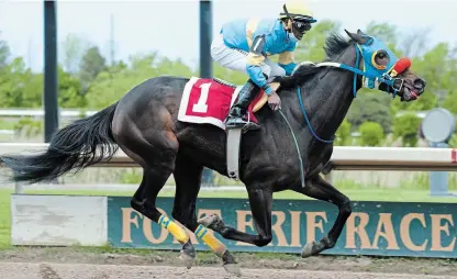  ?? MICHAEL BURNS FORT ERIE RACE TRACK ?? Jockey Howard Newell rides Written, a filly, to victory Tuesday in the first race of the 2020 season at Fort Erie Race Track.