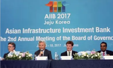  ??  ?? President Jin Liqun of the Asian Infrastruc­ture Investment Bank (AIIB) speaks at the 2nd annual meeting of the AIIB, themed “Sustainabl­e Infrastruc­ture,” in Jeju, Korea on June 16-18, 2017.
