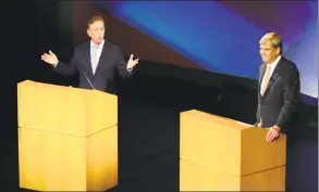  ?? Christian Abraham / Hearst Connecticu­t Media ?? Democrat Ned Lamont, left, answers a question during a gubernator­ial debate against Republican Bob Stefanowsk­i at the Garde Arts Center in New London on Wednesday.