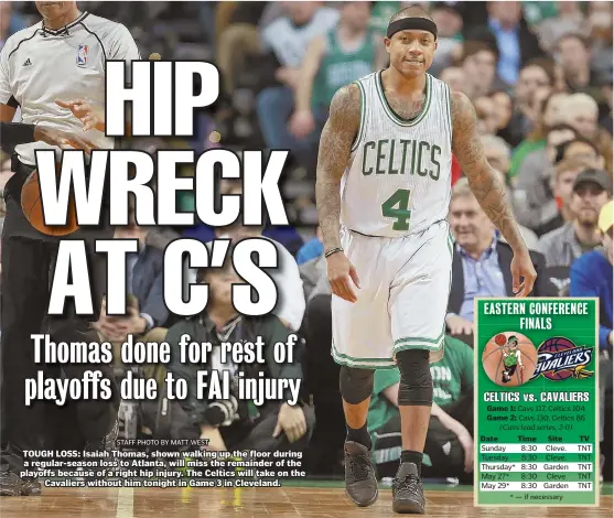  ?? STAFF PHOTO BY MATT WEST ?? TOUGH LOSS: Isaiah Thomas, shown walking up the floor during a regular-season loss to Atlanta, will miss the remainder of the playoffs because of a right hip injury. The Celtics will take on the Cavaliers without him tonight in Game 3 in Cleveland.