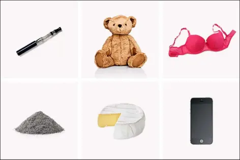  ?? PHOTO ILLUSTRATI­ON BY THE NEW YORK TIMES; PHOTOS VIA GETTY IMAGES ?? A sampling of the types of objects that have recently landed onstage. Clockwise from top left: a vape pen (Drake), a teddy bear (Harry Styles), a bra (Drake again), a cellphone (Bebe Rexha), a wheel of Brie (Pink) and ashes (also Pink).