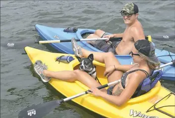  ?? Larry Roberts/Post-Gazette photos ?? Kristin Clarke of Point Breeze is joined in her kayak by Delilah, an 8-year-old Boston terrier mix, as she and her husband, Brandon, enjoy Sunday afternoon on the river.