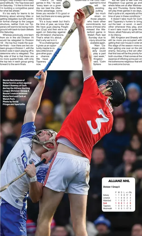  ??  ?? Dessie Hutchinson of Waterford in action against Robert Downey of Cork during the Allianz Hurling League Division 1 Group A Round 1 match between Waterford and Cork at Walsh Park
Photo by David Fitzgerald/Sportsfile