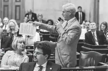  ?? THE ASSOCIATED PRESS ?? Rep. David Alexander, R-Winchester, makes a proposal to adjust the state budget to reduce money for a new state museum during a House floor session in Nashville on Thursday. The chamber rejected Alexander’s amendment before passing the state’s annual...