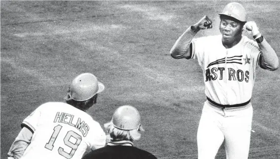  ?? Staff file photos ?? Jimmy Wynn, right, after hitting a home run in a 1973 game at the Astrodome. Wynn had tremendous power but also had 225 stolen bases during his career.