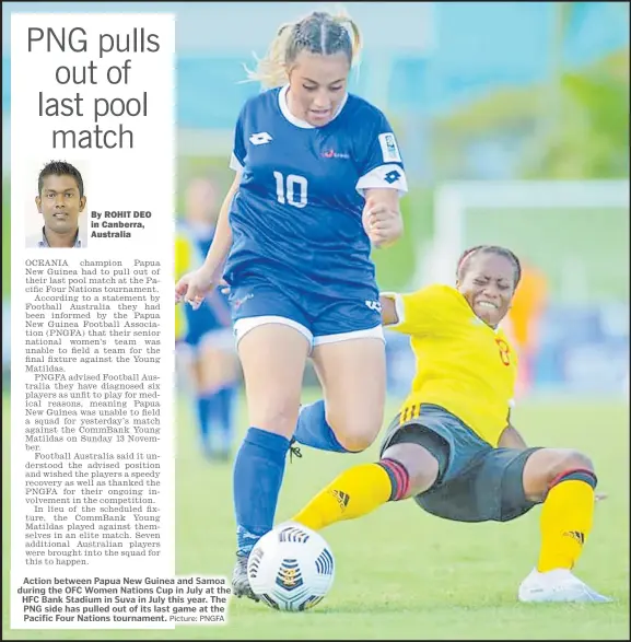  ?? Picture: PNGFA ?? Action between Papua New Guinea and Samoa during the OFC Women Nations Cup in July at the HFC Bank Stadium in Suva in July this year. The PNG side has pulled out of its last game at the Pacific Four Nations tournament.