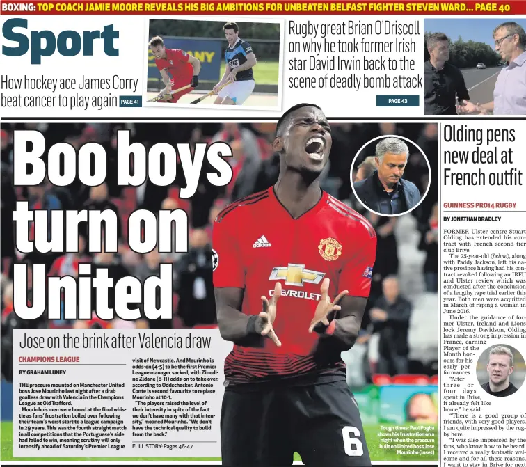  ??  ?? Tough times: Paul Pogba shows his frustratio­n on a night when the pressure built on United boss JoseMourin­ho (inset)