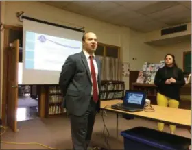  ?? EVAN BRANDT — MEDIANEWS GROUP ?? Pottstown Schools Superinten­dent Stephen Rodriguez and Business Manager Maureen Jampo address the crowd of about 30 during Feb. 23 town Hall meeting to gather input on the idea of converting the former Edgewood Elementary School into a fifth grade center.