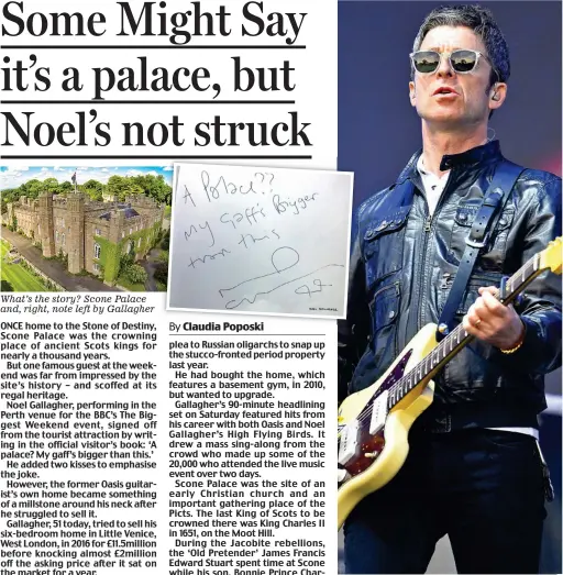  ??  ?? What’s the story? Scone Palace and, right, note left by Gallagher Rock royalty: Gallagher in Perth on Saturday