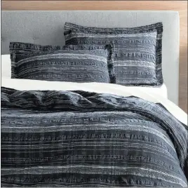  ?? Crate & Barrel ?? Crate &amp; Barrel’s Nagano collection features lightweigh­t cotton and linen voile bedding in an interestin­g textural navy and white stitched pattern.