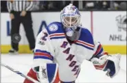  ?? MARK J. TERRILL, FILE — ASSOCIATED PRESS ?? In this March 25 file photo, New York Rangers goalie Antti Raanta, of Finland, deflects a shot during the second period of the team’s NHL hockey game against the Los Angeles Kings in Los Angeles.