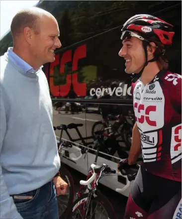  ?? FOTO: AP ?? Fabian Cancellara kørte i fem saesoner på Bjarne Riis’ cykelhold. Her er de fotografer­et sammen i 2007, da holdet hed Team CSC.