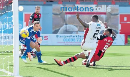  ??  ?? St Mirren striker Jonathan Obika scores his side’s winner against Hamilton