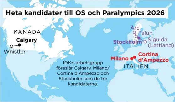  ?? Bild: TT ?? FINALISTER. Tre kandidater återstår i kampen om att få arrangera vinter-os 2026.