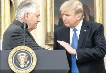  ?? PHOTO: BLOOMBERG ?? Rex Tillerson, the new US Secretary of State, shakes hands with President Donald Trump during a swearing-in ceremony on Wednesday. Yesterday the US Federal Reserve stuck to its mildly upbeat view of the world.