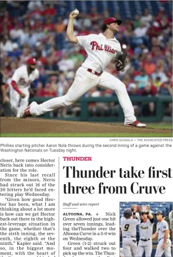  ?? CHRIS SZAGOLA — THE ASSOCIATED PRESS ?? Phillies starting pitcher Aaron Nola throws during the second inning of a game against the Washington Nationals on Tuesday night.