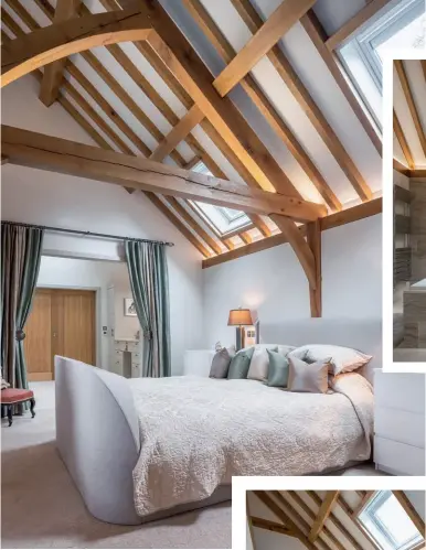  ??  ?? Above: Beautiful exposed beams frame the master bedroom, which leads through to a dressing room and ensuite beyond. Double doors opposite the bed open out on to the covered balcony