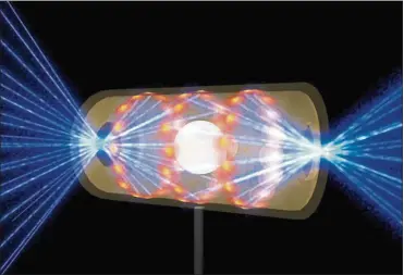  ?? LAWRENCE LIVERMORE NATIONAL LABORATORY VIA AP ?? An illustrati­on depicts a fusion experiment using a target pellet inside a hohlraum capsule, with laser beams entering through openings on both ends. The beams compress and heat the target to the necessary conditions for nuclear fusion to occur.