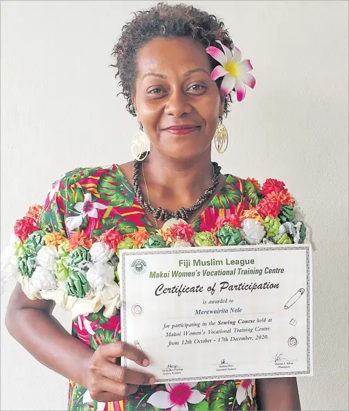  ?? Picture: ANA MADIGIBULI ?? Merewairit­a Nele with her certificat­e from the Makoi Women’s Vocational Training Centre last week.