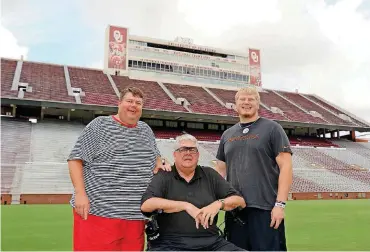  ?? [PHOTO PROVIDED] ?? Oklahoma offensive lineman Ben Powers, right, with his grandfathe­r, Bob Powers, center, and father, Todd Powers. Ben Powers said his on-field attitude comes from his father, who said he got it from his father.