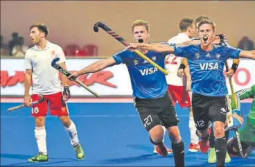  ??  ?? ▪ Lucas Vila (12) of Argentina celebrates after scoring against England during their quarterfin­al at Hockey World League Final.