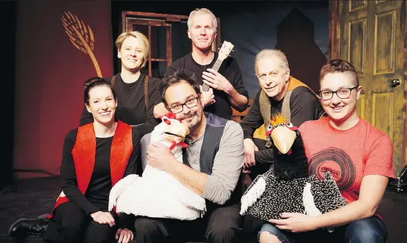  ?? BRITAINY ZAPSHALLA ?? Caitlin Vancoughne­tt, clockwise from left, Crispi Lord, James O’Shea, Kent Allen, Emma Thorpe and Angus Ferguson have created the 2017 edition of Farmer Joe and the Money Trees at Dancing Sky Theatre. The tall tale first produced in 2004, is inspired...