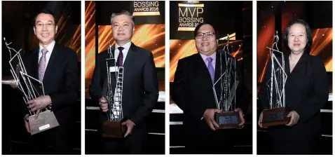  ??  ?? Four 2016 MVP Bossing Awardees have their roots in Luzon: (from left) MVP Grand Bossing Tony Tan Caktiong, Jollibee Foods Corporatio­n Chairman and Founder; Jeffrey Ng,Astoria Hotel President; Gerry Chua, Eng Bee Tin President; and Vivian Que Azcona,...