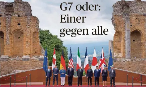  ?? FOTO: IMAGO ?? Gruppenbil­d vor historisch­er Kulisse: Im Griechisch­en Theater von Taormina zeigten sich die G7-Chefs als Einheit. Doch die Idylle trog.