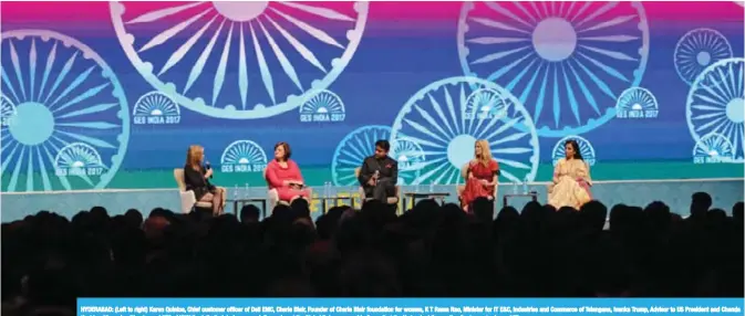  ??  ?? HYDERABAD: (Left to right) Karen Quintos, Chief customer officer of Dell EMC, Cherie Blair, Founder of Cherie Blair foundation for women, K T Rama Rao, Minister for IT E&C, Industries and Commerce of Telangana, Ivanka Trump, Advisor to US President and...