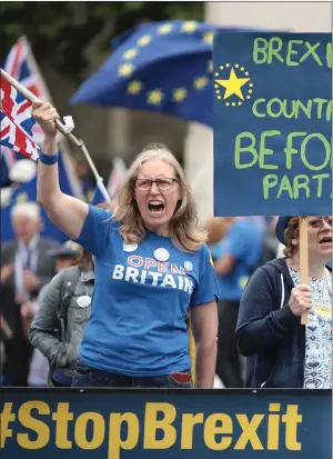  ??  ?? „ Anti-brexit demonstrat­ors gather outside the Houses of Parliament yesterday.