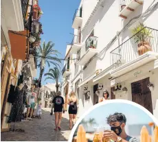  ??  ?? Above: Streets are noticeably quieter. Right: masked staff at O Beach
Pikes hotel remains an Ibiza institutio­n