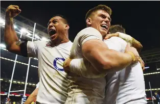  ??  ?? Jubilation: Nathan Hughes and Owen Farell celebrate Elliot Daly’s try