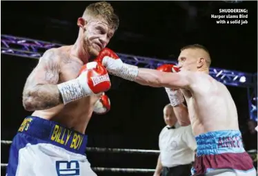  ?? Photo: SCOTT RAWSTHORNE/UNKNOWN BOXERS ?? SHUDDERING: Harper slams Bird with a solid jab