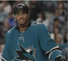  ??  ?? ‘LACK OF CONSISTENC­Y’: San Jose Sharks forward Evander Kane is blasting the NHL Department of Player Safety after his latest suspension.