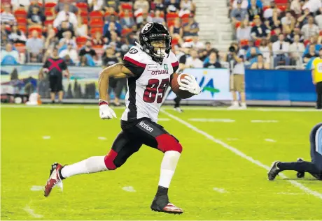  ?? THE CANADIAN PRESS ?? Redblacks wide receiver Diontae Spencer was a bright light for the team, as he scored a pair of touchdowns in a shocking 42-41 loss to the Toronto Argonauts on Thursday. “We felt like we had this one in the bag and we let it slip away,” Spencer said...