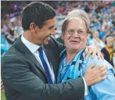  ?? Picture: GREGG PORTEOUS ?? Andrew Johns and Tommy Raudonikis during game 1 of the 2014 Origin series at Suncorp Stadium.