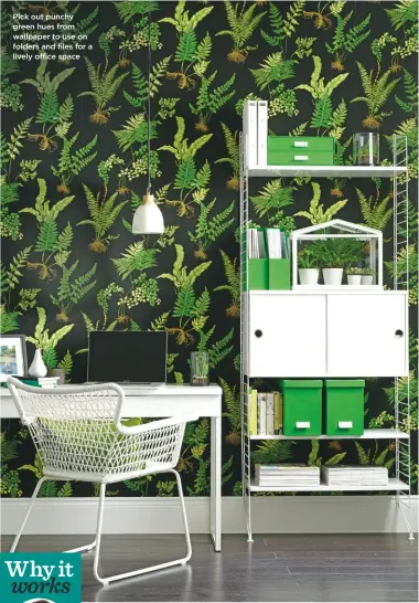  ??  ?? Pick out punchy green hues from wallpaper to use on folders and files for a lively office space