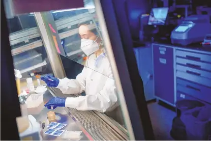 ?? CRAIG FRITZ/SANDIA NATIONAL LABORATORI­ES ?? Brittany Humphrey prepares microneedl­es in a fume hood at Sandia National Laboratori­es.