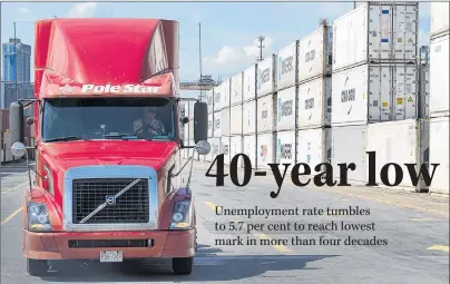  ?? CP PHOTO ?? A truck moves through the South End Container Terminal in Halifax on July 27, 2016. The unemployme­nt rate fell to its lowest level in more than 40 years as Canada closed out a calendar year that saw it produce jobs at a pace not seen since 2002.