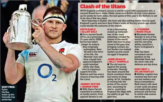  ??  ?? SCOT FREE: Dylan Hartley holds up the Calcutta Cup yesterday