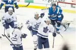  ?? TREVOR HAGAN THE CANADIAN PRESS ?? Kasperi Kapanen celebrates his first-period goal against the Jets in Winnipeg on Wednesday night.