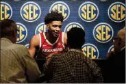  ?? AP/BUTCH DILL ?? Arkansas sophomore guard Isaiah Joe answers questions from members of the media Wednesday. “I definitely think people are overlookin­g us,” he said. “But at this point, we have to prove ourselves now.”