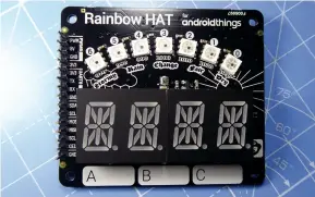  ??  ?? Fitting on top of the Raspberry Pi 3, the Rainbow HAT is an unassuming board that offers multiple methods of input and output.