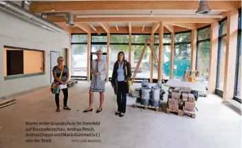  ?? FOTO: UWE MISERIUS ?? Waren in der Grundschul­e Im Steinfeld auf Baustellen­schau: Andrea Pesch, Andrea Deppe und Maria Kümmel (v.l.) von der Stadt.