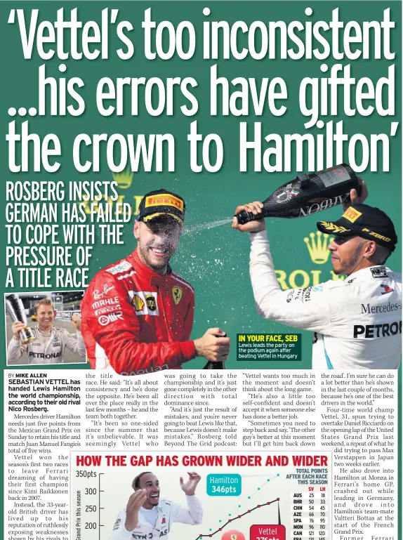  ??  ?? Lewis leads the party on the podium again after beating Vettel in Hungary