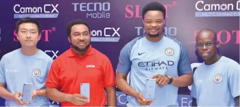  ??  ?? Brand Manager, West Africa, Tecno Mobile, Eason Duan (left); Managing Director and Chief Executive Officer, SLOT Systems Limited, Nnamdi Ezeigbo; Deputy Marketing Manager, PR, Offline Events and Sponsorshi­ps Tecno Mobile Nigeria, Attai Oguche; and...