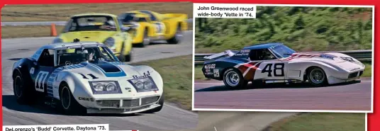  ??  ?? DeLorenzo’s ‘Budd’ Corvette. Daytona ’73.
John Greenwood raced wide-body ’Vette in ’74.