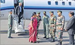  ?? HT ?? Defence minister Nirmala Sitharaman arrives at the Old Airfield in Srinagar on Friday.